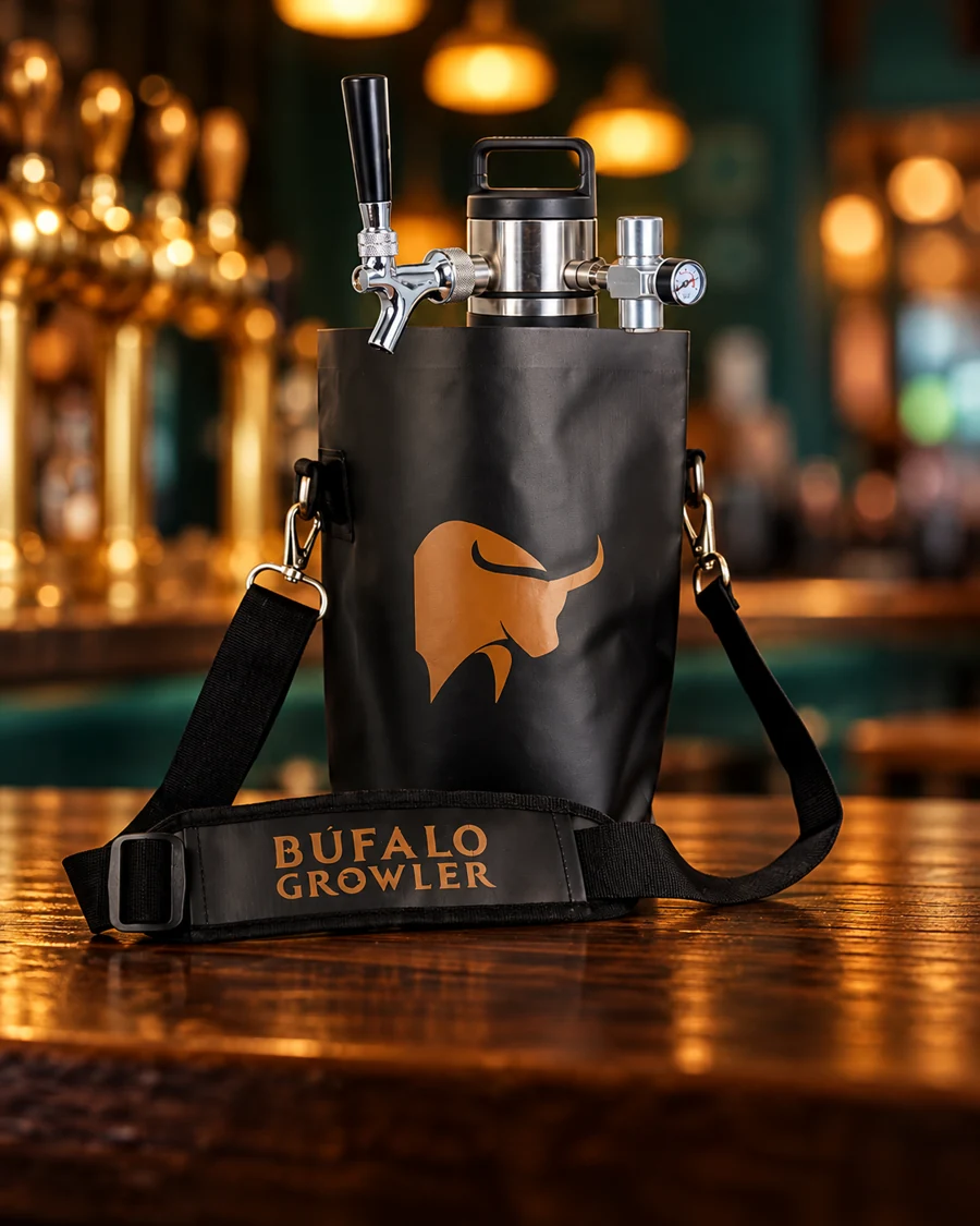 Growler Búfalo na bag tiracolo sobre o balcão de um tap house, com o bar bem desfocado ao fundo